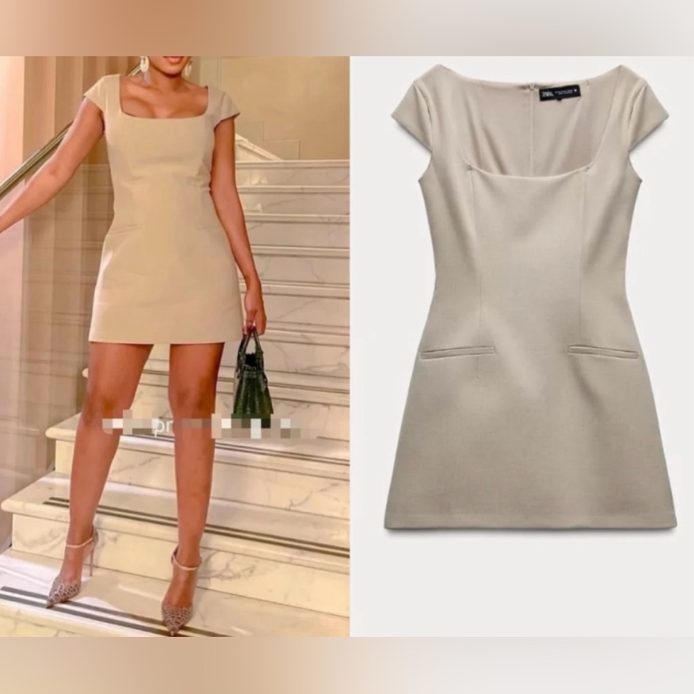 Zara NWT square neck cap sleeve beige mini structured hourglass tailored dress